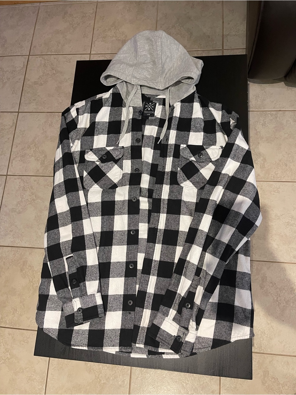 Bluenotes Black and White Plaid Button-Down Shirt with Gray Hood